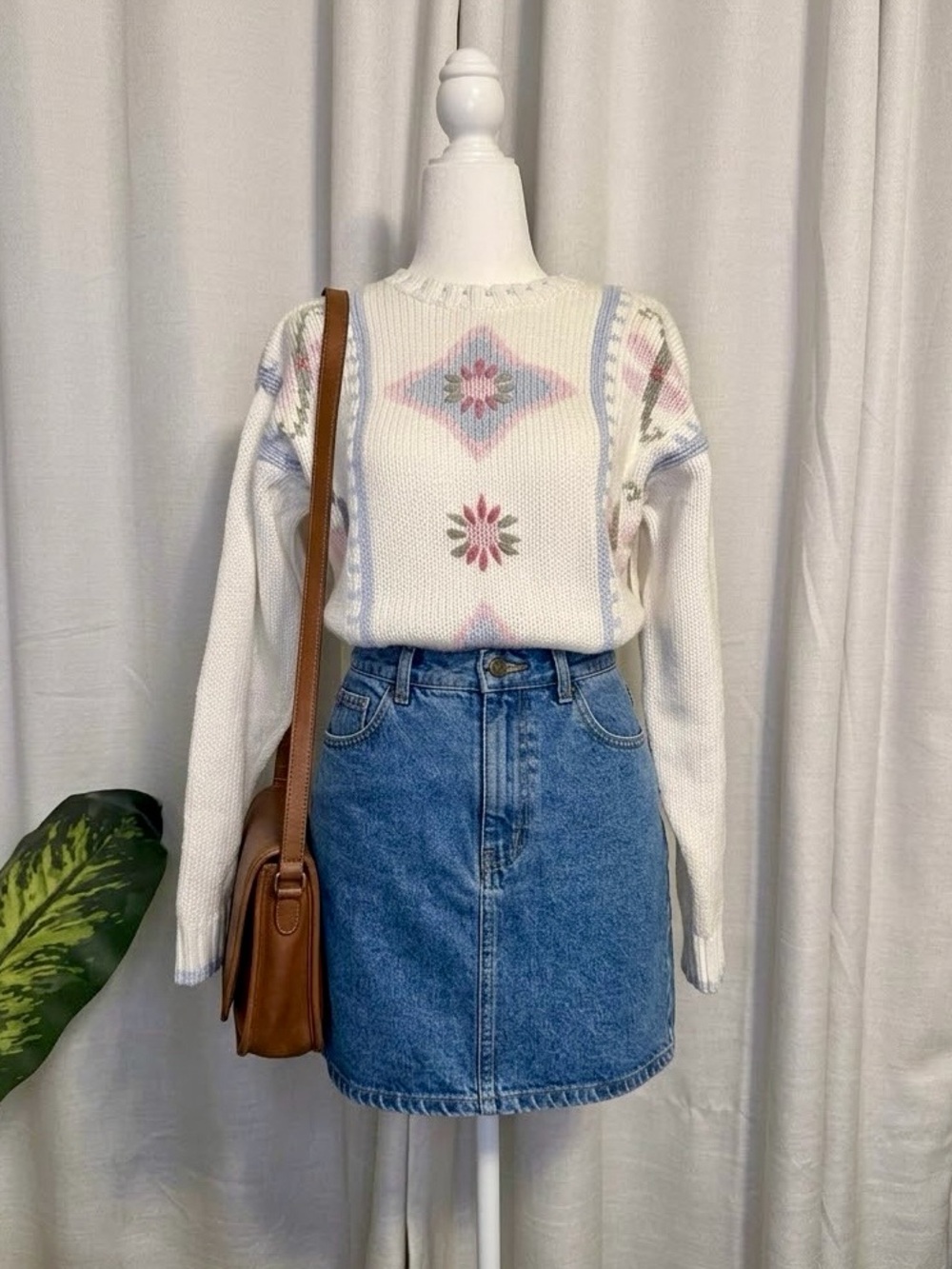 Vintage 80s 90s Lizwear Pastel Embroidered Cotton Knit Sweater M